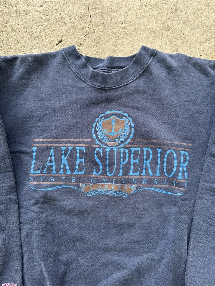 Vintage 90's Lake Superior State University Men's L Heavyweight Crewneck Blue - Image 2 of 4