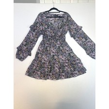 Nasty Gal Collection Floral Ruffle Mini Dress Purple Green Smocked Waist US 4