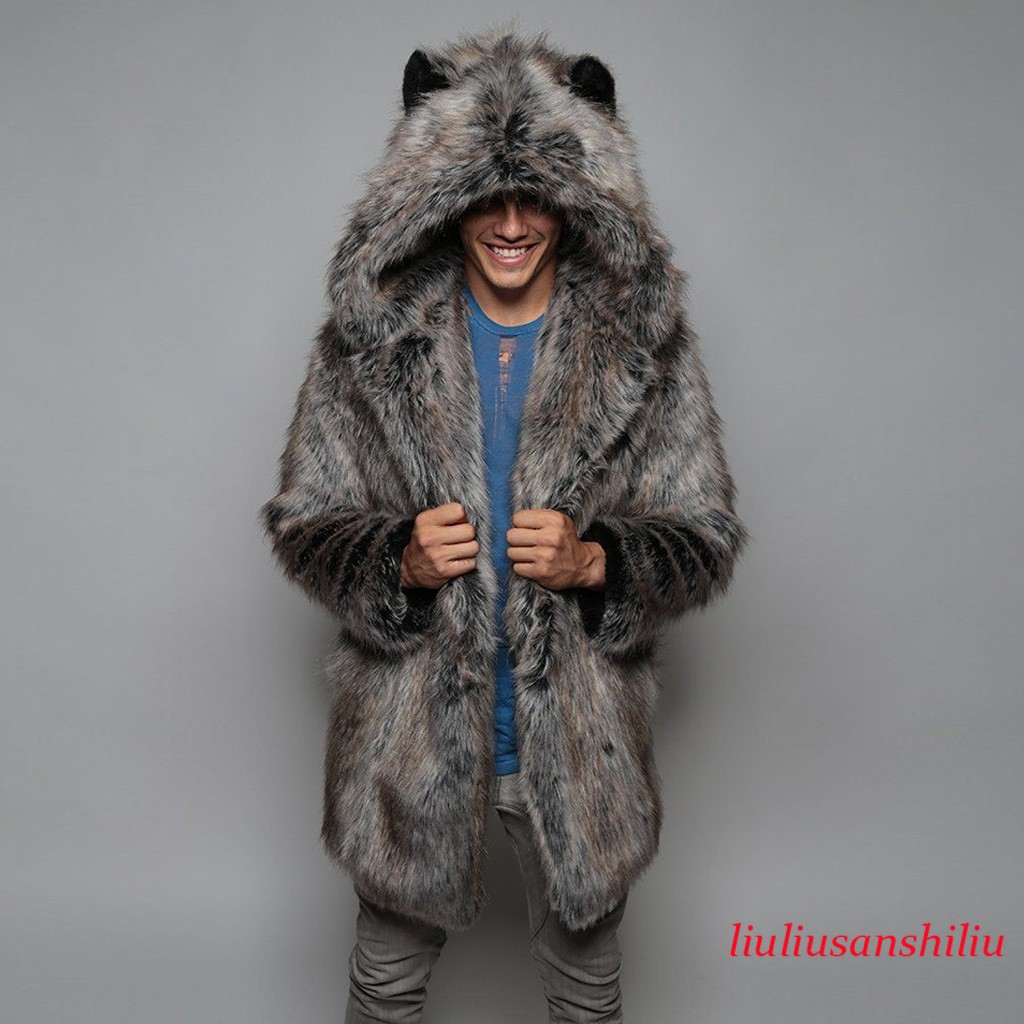 Mens Faux Fur Hooded Thick Warm Jackets Male Plush Fluffy Cardigan Casual Parka