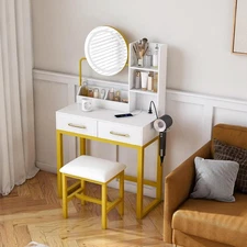 Small Makeup Vanity Desk Round Mirror &Lights, Vanity Table Set w/Storage Drawer