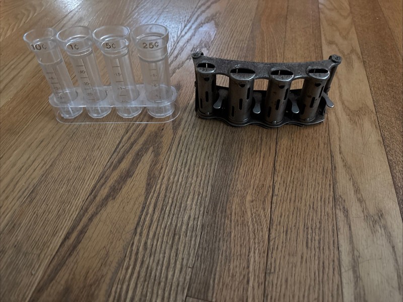 Old Vtg McGILL COIN CHANGER           4 Barrel COIN DISPENSER .With Coin Bank .