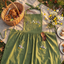 Hand Embroidered Linen Apron Floral Kitchen Apron with Pockets Gift for Women
