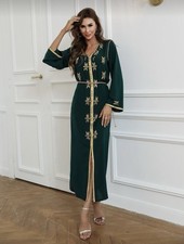 Women Green Embroidered Maxi Dress Long Sleeve Elegant Caftan Style