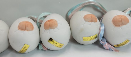 Vintage 12 Set Ceramica Uovo Nascita Biscotto Ornamenti Taiwan #Baby Face & Butt - Foto 9 di 9