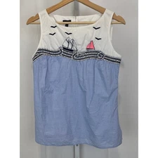 TALBOTS Embroidered Sailboat Tank Top Sleeveless Cotton Blue White Size XS
