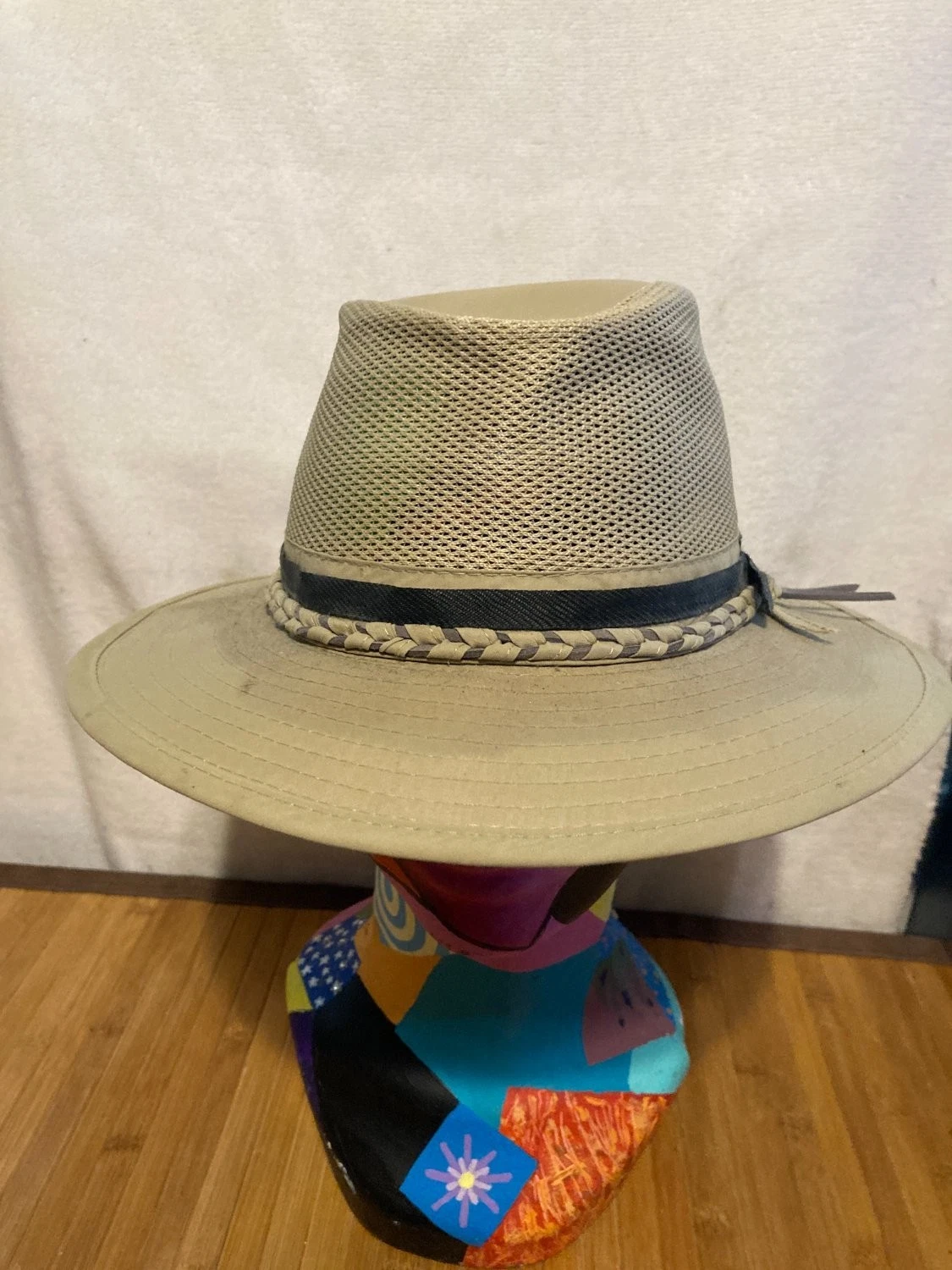 Panama Jack Original Mesh Crown Safari Sun Hat Tan Nylon Wide Brim Fedora Size M