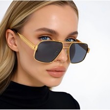 Gold Square Aviator Sunglasses Women Metal Frame Dark Grey Lens Luxury NewcGafas