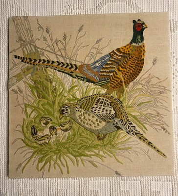 VTG HALLMARK 1977 PHEASANT FAMILY COLUMBIA MINERVA CREWEL 7923 COMPLETE UNFRAMED
