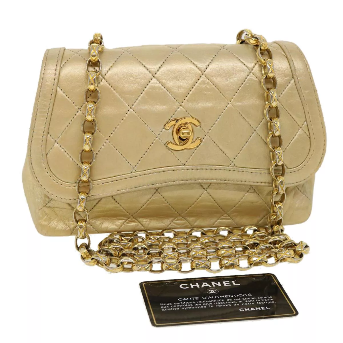 CHANEL Matelasse Turn Lock Chain Shoulder Bag Lamb Skin Gold CC