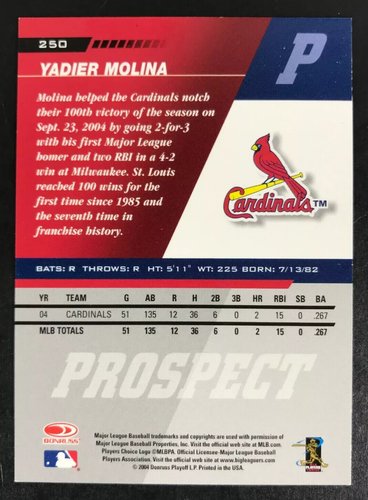 Bonita tarjeta FUTURE HOF de Yadier Molina Cardinals 2005 Leaf Prospect #250 SP RC - Imagen 2 de 2