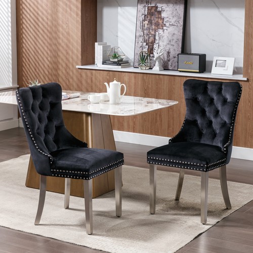 Velvet Kitchen Dining Chair Set of 2 High Back Upholstered Dinner Room Steel Leg - Picture 13 of 19