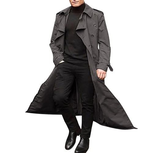 Men's Trench Coats Double Breasted Casual Windbreaker Lapel Long Jacket Overcoat - Picture 31 of 56