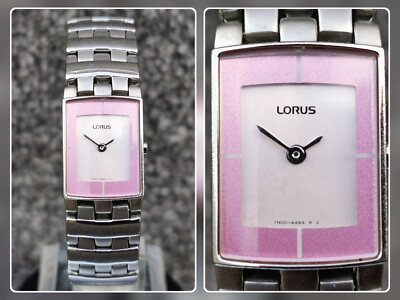 Damenuhr Lorus von Seiko, schmales rosa & weißes Zifferblatt Edelstahlarmband
