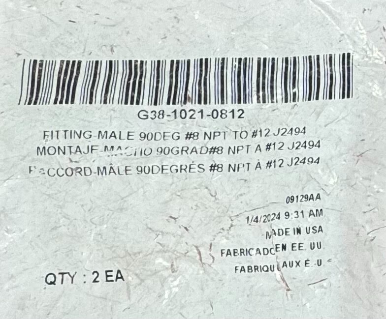G38-1021-0812 Genuine Paccar / Parker 90° Fitting #8 NPT To