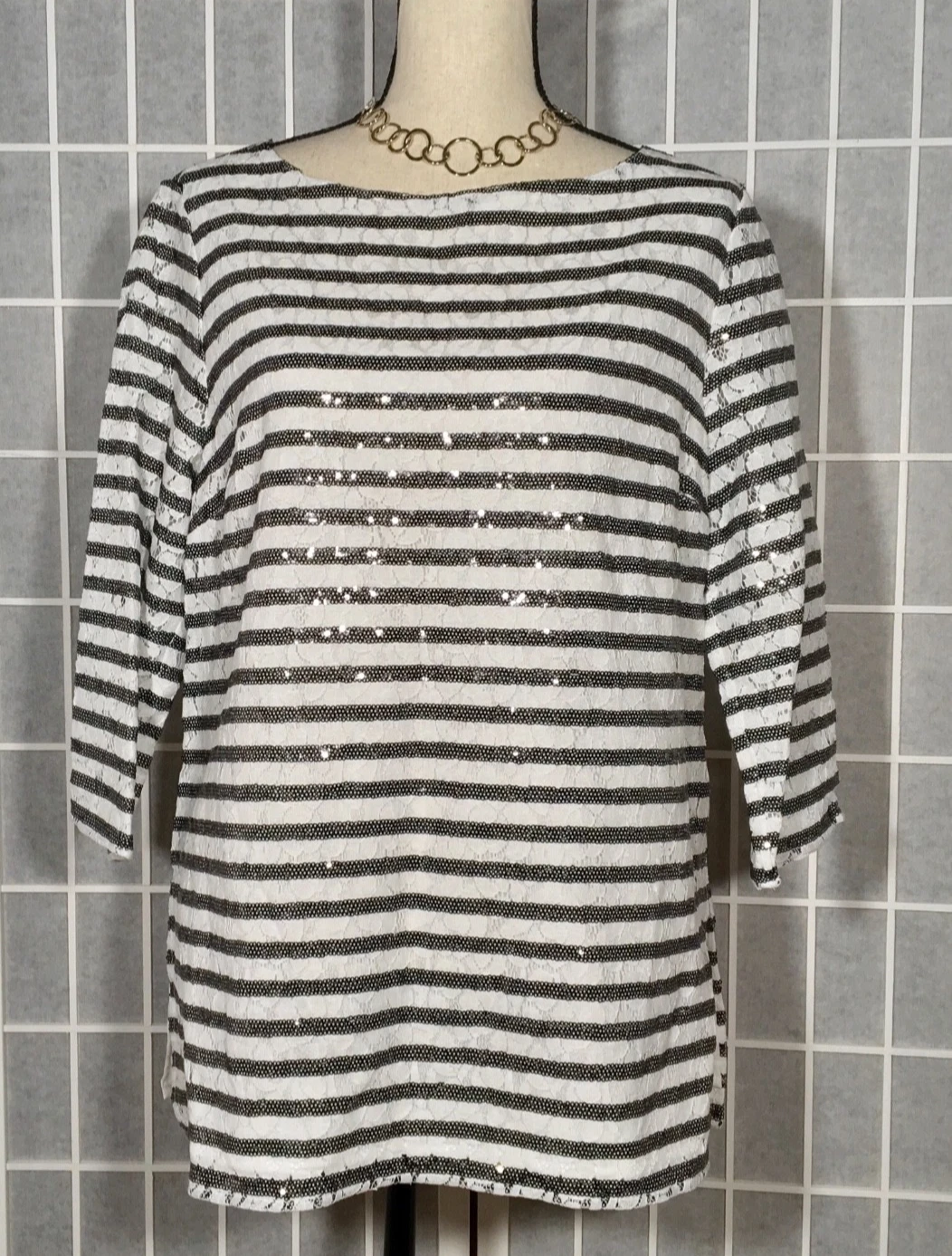 TOP DONNA MICHAEL KORS TG14 NUOVO CON ETICHETTE $225 PIZZO RIGHE PAILLETTES MISTO COTONE