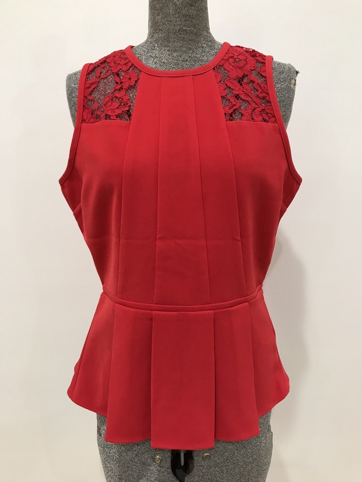 GUC H&M red floral lace insert peplum top sleevless work business EUR 42