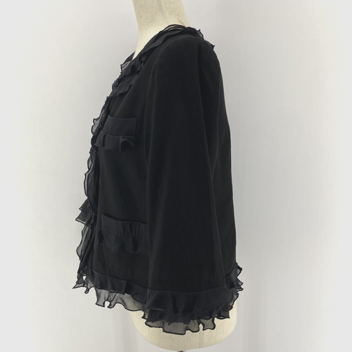 Rebecca Taylor Silk Linen Ruffle Blazer Jacket Womens 8 Black 3/4 Sleeves Button - Picture 4 of 11