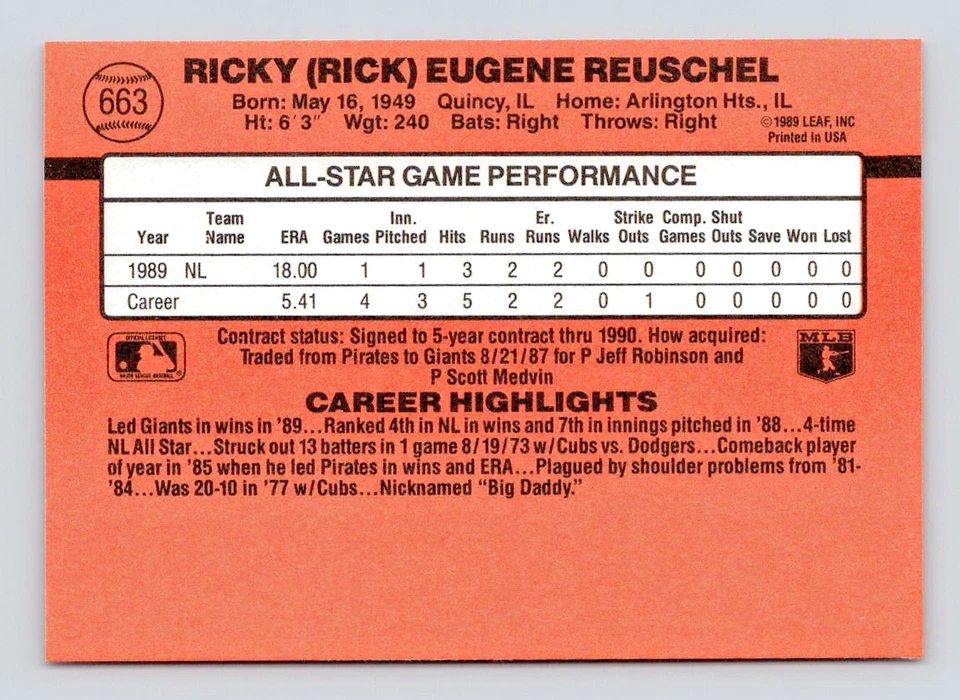 1990 Donruss Card, #663 Rick Reuschel All-Star, Giants Wall of Fame - Image 2 of 3