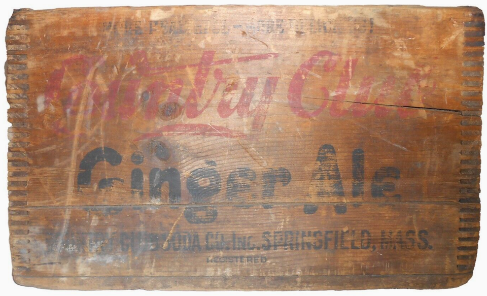 COUNTRY CLUB GINGER ALE, SPRINGFIELD, MA VINT RED/BLK INK STMPD, WD BOX ...