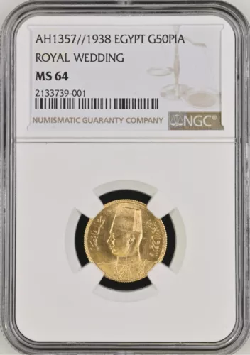 EGYPT , GOLD 50 PIASTRES KING FAROUK 1938 UNC - NGC MS 64 ,,, RARE13
