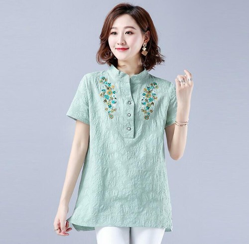 Blusa Camisa Top Mujer Retro Étnica Bordada Lino Algodón Manga Corta - Imagen 2 de 14