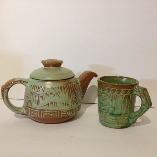 Vintage Frankoma Prairie Green Aztec Teapot + Mug Cup Clay Pottery 7J + 7C TEA