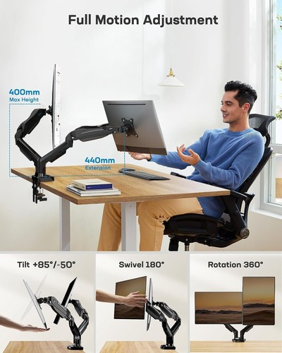 HUANUO Dual Monitor Arm 13–32", Adjustable Desk Mount, VESA 75/100 - Photo 8/11