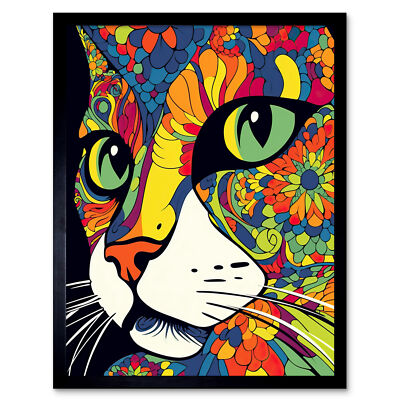 Psychedelisches Portrait Katze Gemälde Lebendiges Mandala Muster Gerahmte Kunst Bild 9X7