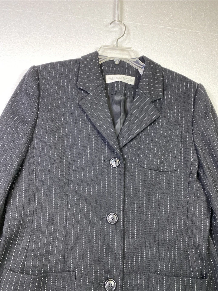 Chaqueta Blazer Valerie Stevens Mujer Lana 8 Rayas Negras 3 Botones Bolsillos Carrera Foto 2 de 4