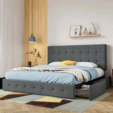 King Queen Platform Storage Bed Frame with 4 Drawers and Adjustable Headboard