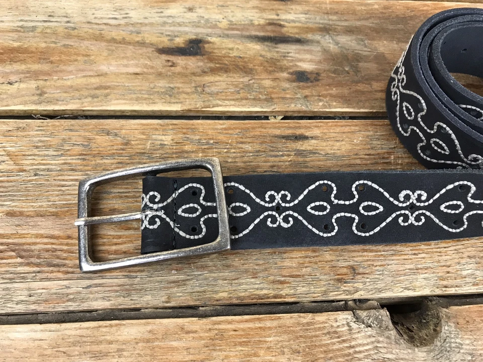 PISTIL Embroidered Black Leather Stitched Belt Womens L Large - Image 2 of 4