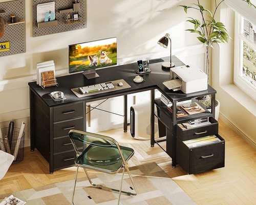 Shaped Computer Desk with 5 Drawers &1 Large File Drawer, Recessed Power Outlet - Picture 2 of 8