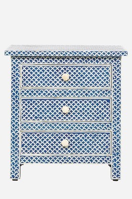 Dark Blue Bone Inlay Nightstand 3 Drawer Bedside Table Boho Moroccan Handmade