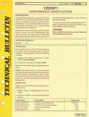 Genuine Yamaha Service Technical Bulletin 1994 YZ250 Performance Modifications