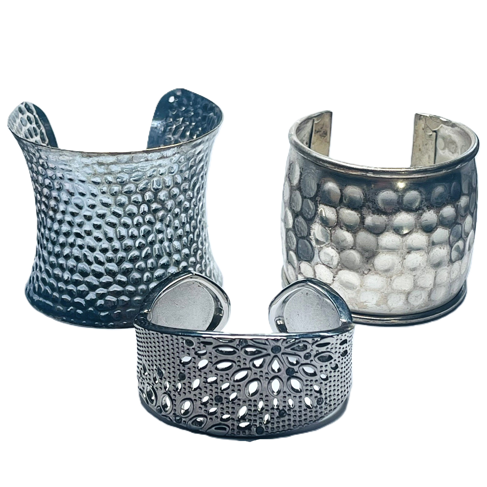 Cuff Bracelet Lot Silver Tone Wide Vintage Costume Jewelry Bangle 3pc Bundle