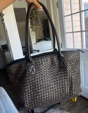 Fina Firenze Brown Woven Tote Shoulder Bag Zip Top Double Handle Lined Pockets