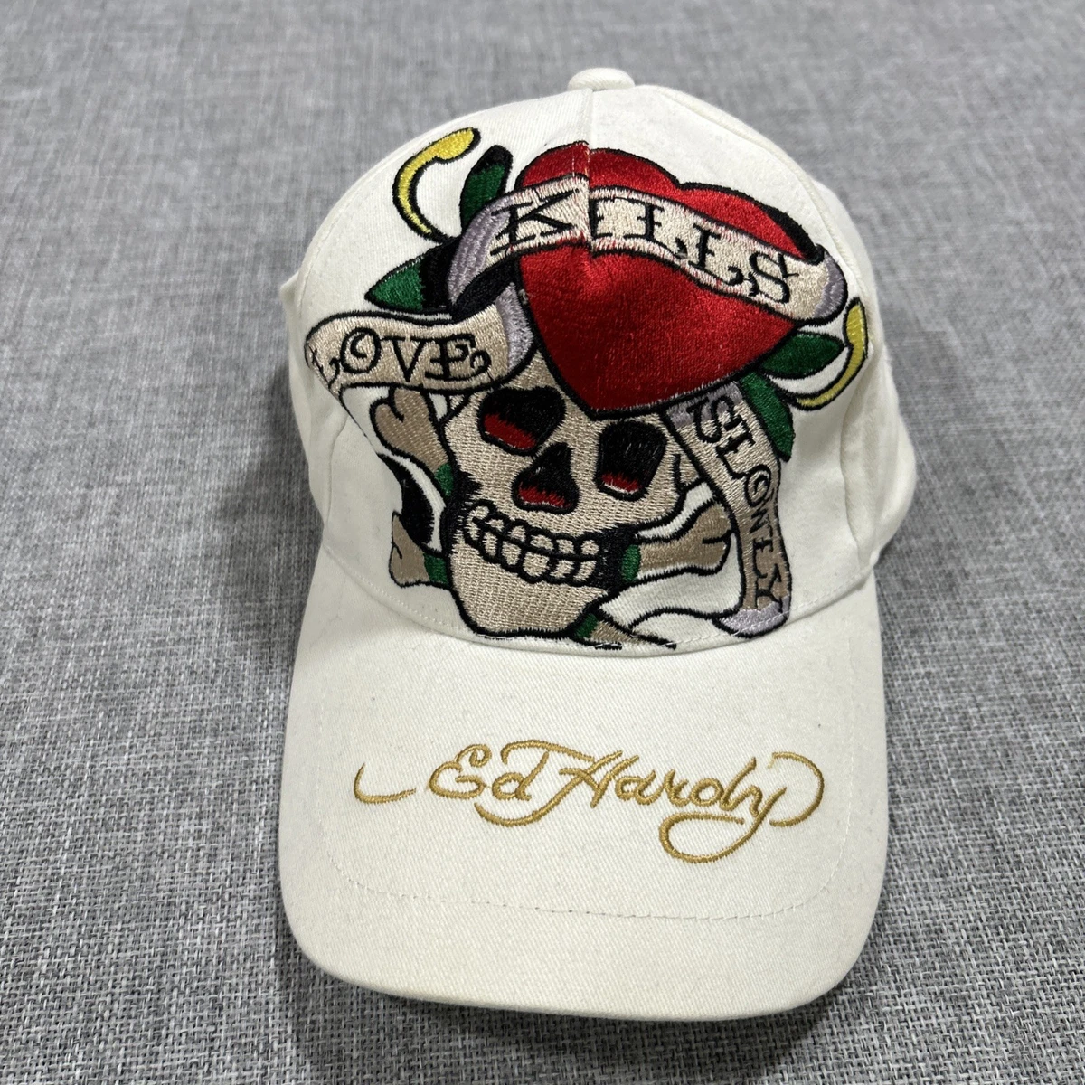 Y2K Ed Hardy Hat Cap Love Kills Slowly Skull Embroidered Beige
