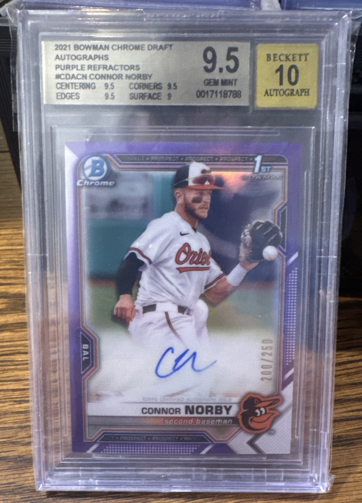 2021 Connor Norby Bowman Chrome Draft Auto Purple Refractor /250 BGS 9.5 1st