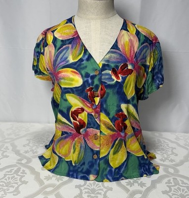 Paradise Found Hawaii Vintage Rayon Women's V-Neck Floral Blouse Top Size Medium