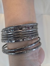 Stackable Silver Fashion Bangle Bracelets Set, Round, No Stone