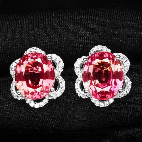 Pink Padparadscha Sapphire Oval 12.85Ct 925 Sterling Silver White Gold Earrings