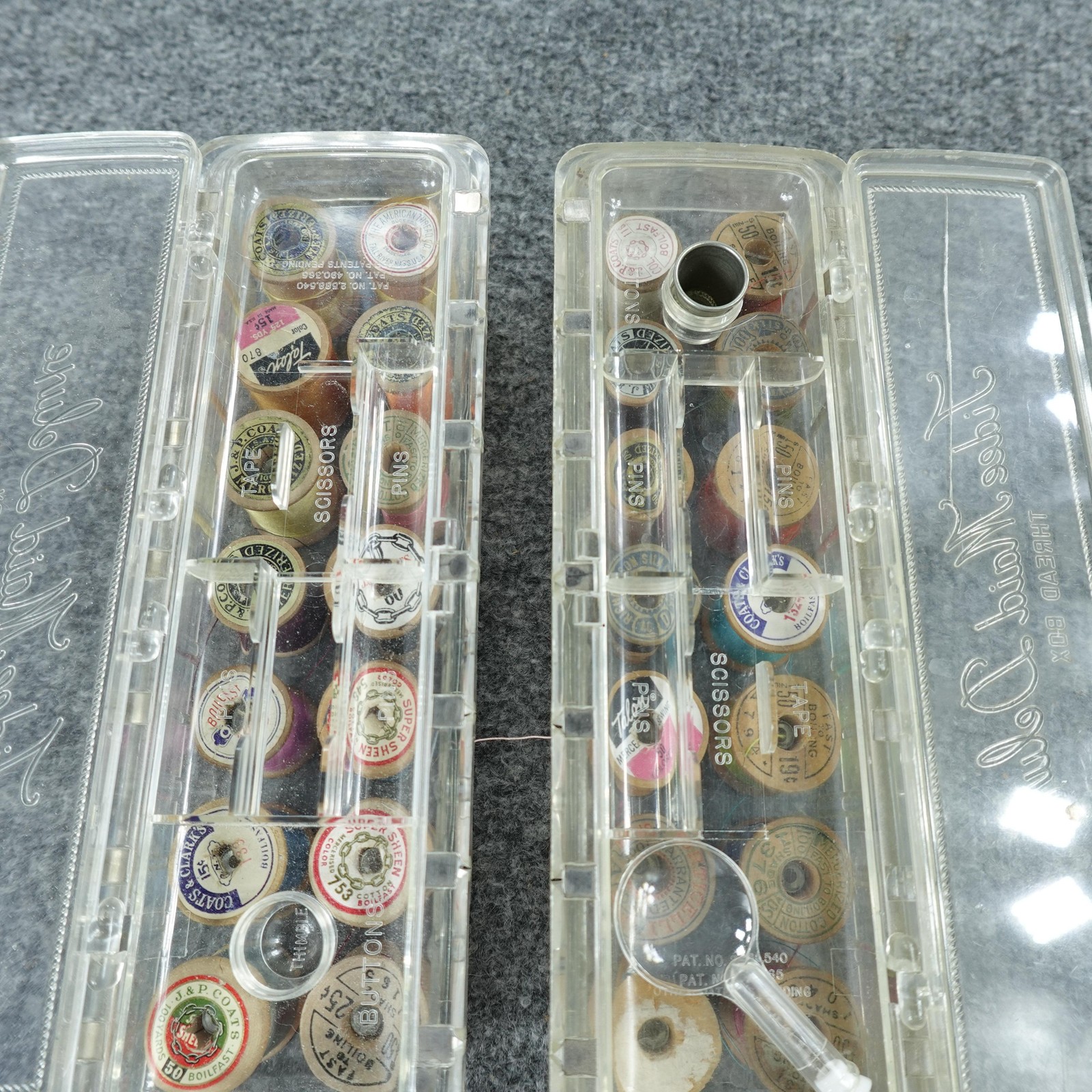 Vintage Tidee Maid Deluxe Thread Box Sewing Organizer Lot of 2 w/ Wooden Spools