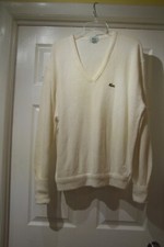 Vintage Izod Lacoste V-Neck Sweater Cream Mens XL Pullover USA Made Classic