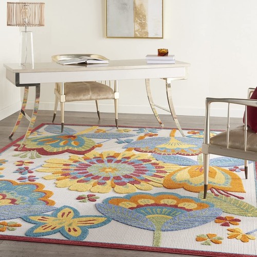 7' X 10' Yellow And Ivory Floral Indoor Outdoor Area Rug - Picture 4 of 6