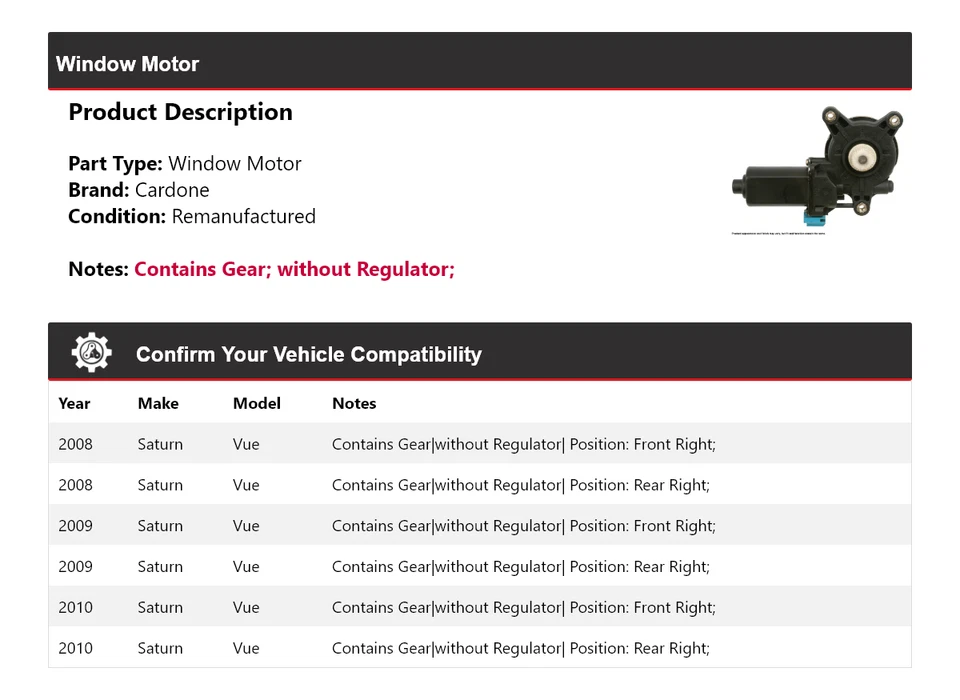 Para Saturn Vue 2008-2010 Ventana Motor Cardone 2009 Foto 2 de 4