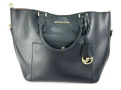 Michael Kors Black Saffiano Large Sutton Satchel Tote Purse Gold Hardware