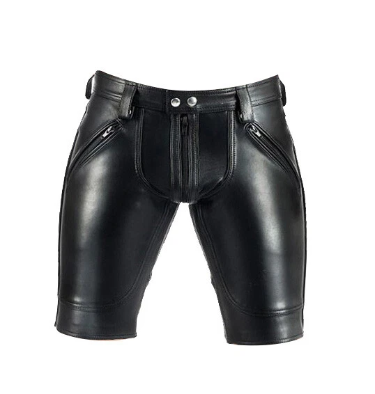 MENS REAL COWHIDE LEATHER SHORTS DOUBLE ZIPS SHORTS WITH OR W/OUT BACK ZIP