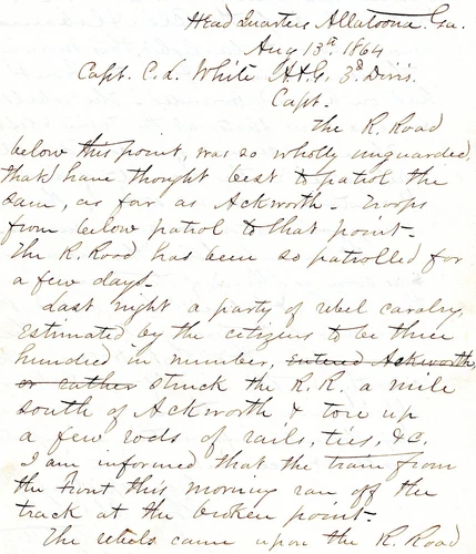 Col. John E. Tourtellotte, Civil War Letter, HQ Allatoona, GA, Aug 13, 1864