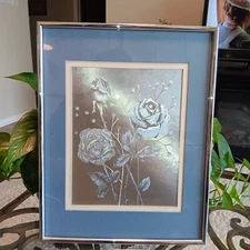 Vintage 1980s Manifestations Optical Illusionary Art Gold Foil Flowers 14 x 11