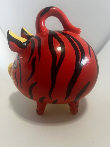 VTG Hand Painted Mexican Folk Art Clay/Ceramic Tiger Piggy Bank w/stopper EUC - Picture 4 of 10